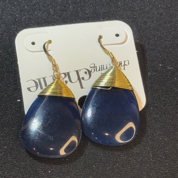 Charming Charlie’s Gold Tone Blue Enamel Teardrop Earrings 2 inch approx - Picture 2 of 4